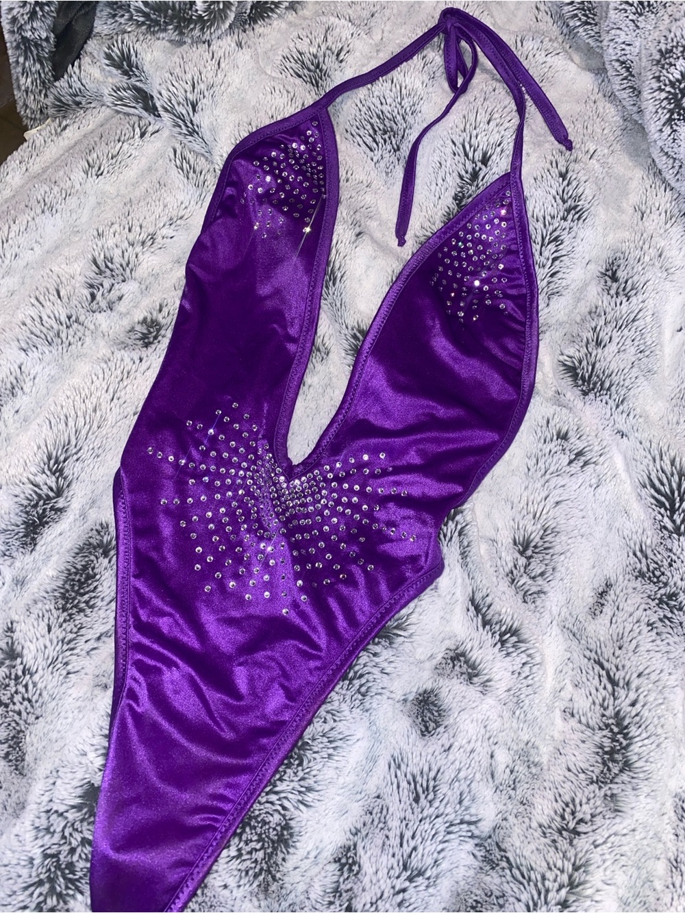 Purple Rhinestone Plunge One-Piece Bodysuit